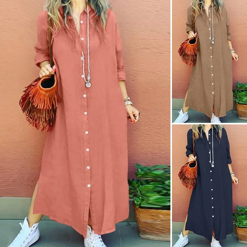 Elegant Long Sleeve Shirt Dress Women Dress Fashion Cotton Lapel Neck Dress Solid Single Breasted Maxi Dress Robe Femme Vestido - Image 6