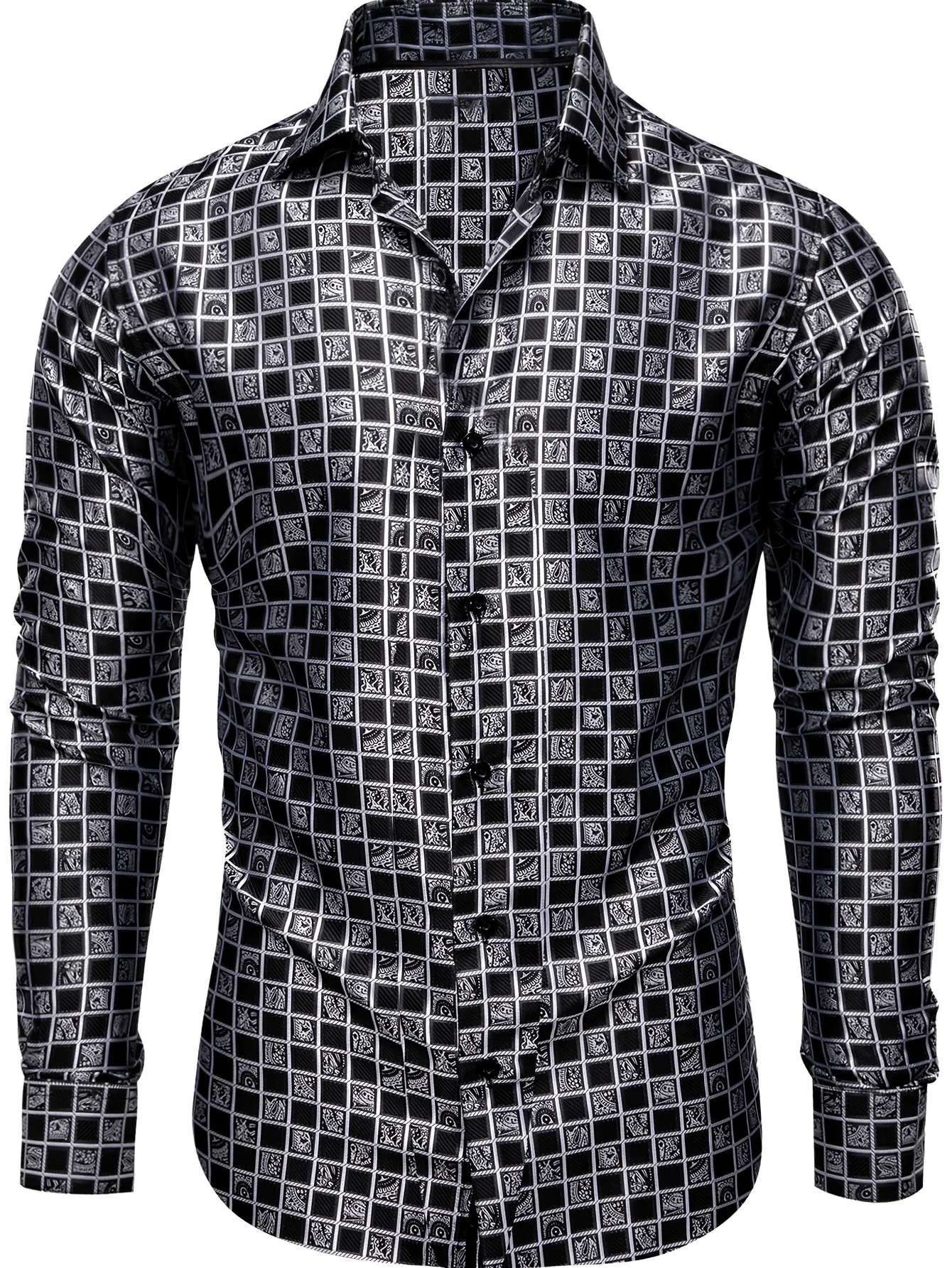 Elegant Men's Dress Shirt with Geometric Pattern - Long Sleeve, Classic Button-Up, Perfect for Weddings & Formal Events