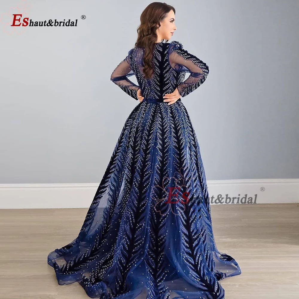 Elegant Mermaid Evening Night Dress for Women 2023 V-Neck Long Sleeves Velvet Crystal Plus Size Formal Wedding Prom Party Gowns - Image 10