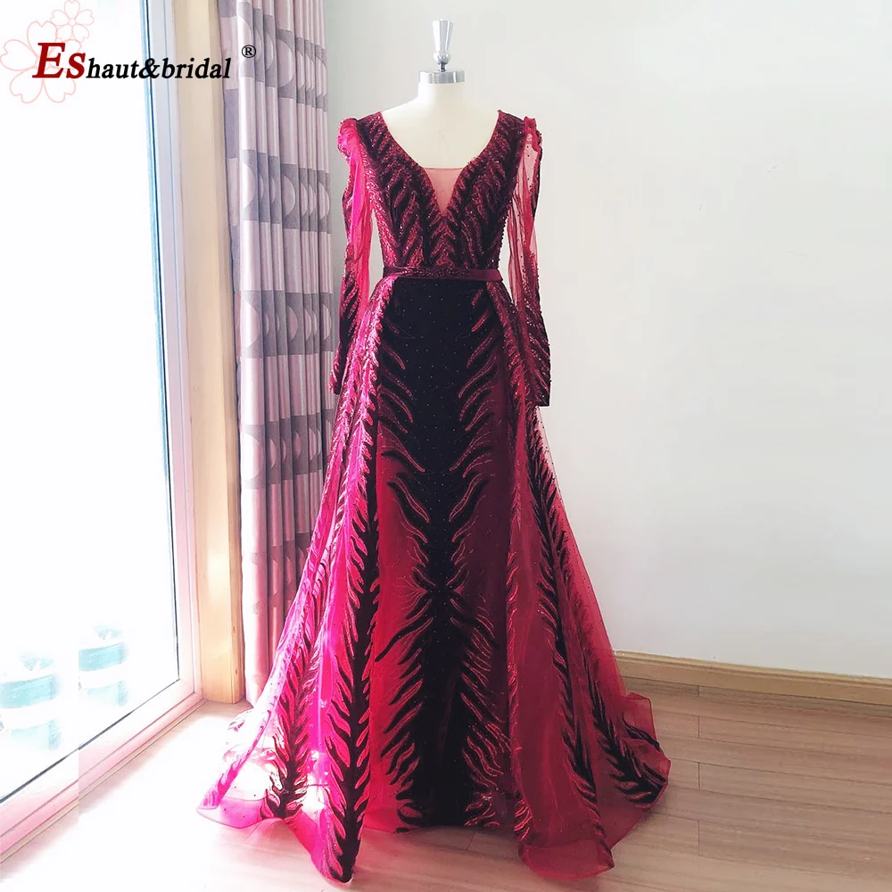 Elegant Mermaid Evening Night Dress for Women 2023 V-Neck Long Sleeves Velvet Crystal Plus Size Formal Wedding Prom Party Gowns - Image 11