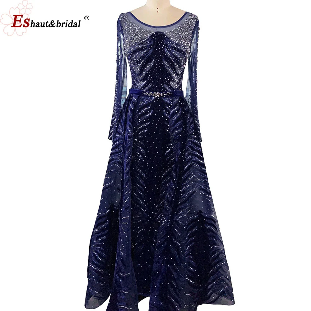 Elegant Mermaid Evening Night Dress for Women 2023 V-Neck Long Sleeves Velvet Crystal Plus Size Formal Wedding Prom Party Gowns - Image 3