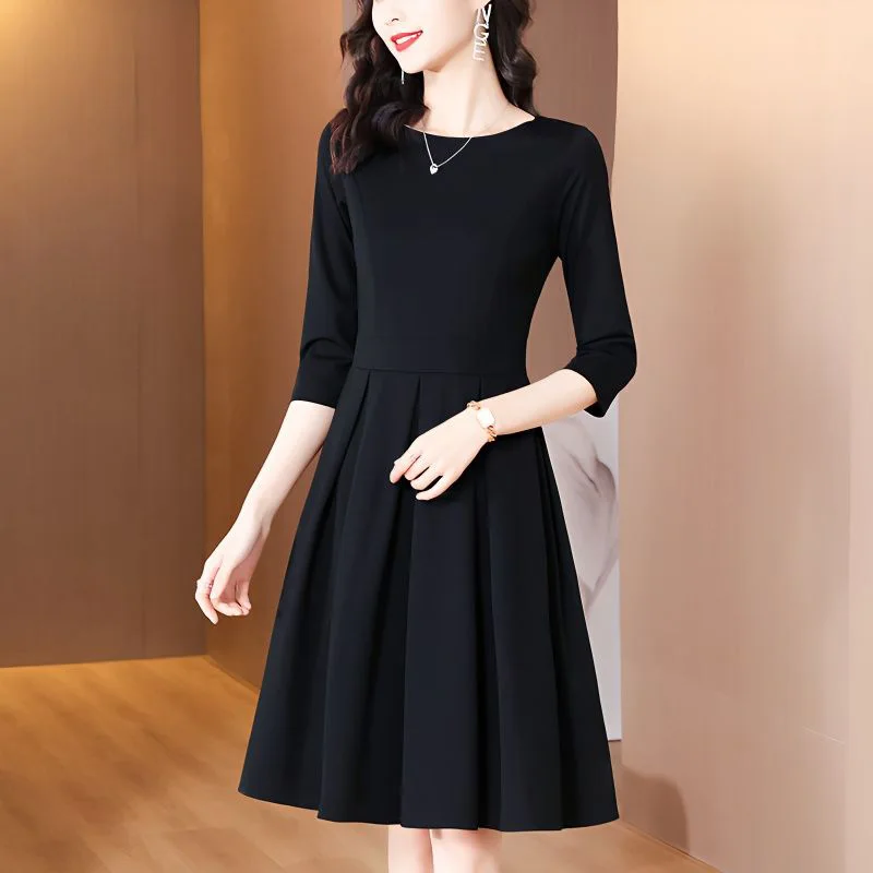 Elegant O-Neck Solid Color Spliced Loose Folds Mini Dress Women's Clothing 2023 Autumn New Oversized Office Lady Princess Dress - Image 2