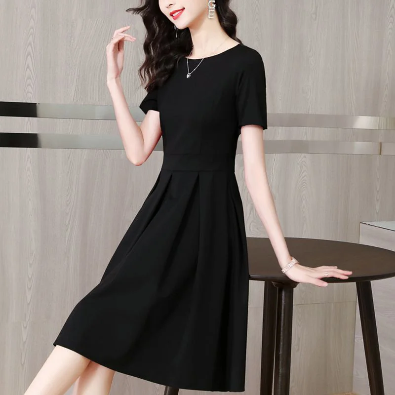Elegant O-Neck Solid Color Spliced Loose Folds Mini Dress Women's Clothing 2023 Autumn New Oversized Office Lady Princess Dress - Image 3