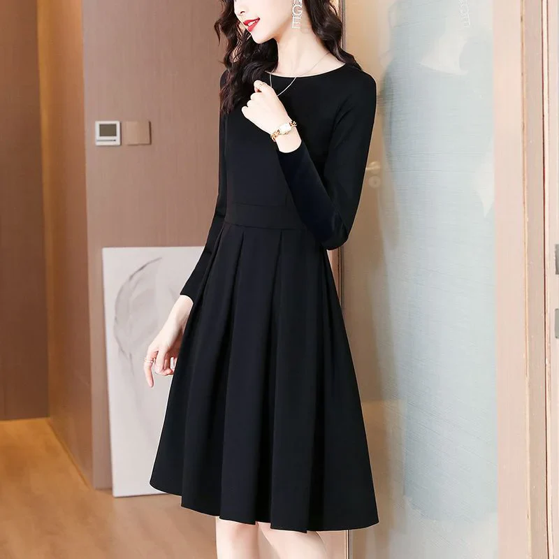 Elegant O-Neck Solid Color Spliced Loose Folds Mini Dress Women's Clothing 2023 Autumn New Oversized Office Lady Princess Dress - Image 4