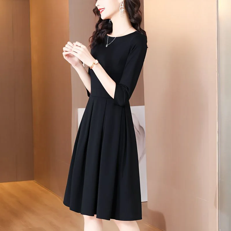 Elegant O-Neck Solid Color Spliced Loose Folds Mini Dress Women's Clothing 2023 Autumn New Oversized Office Lady Princess Dress - Image 5