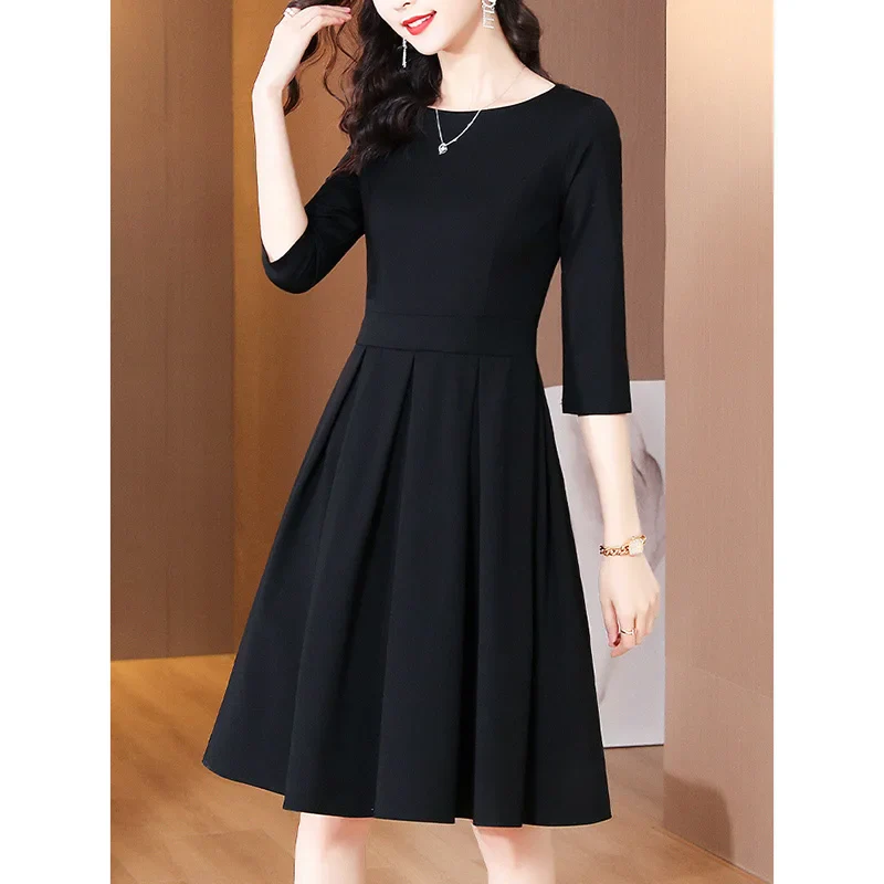 Elegant O-Neck Solid Color Spliced Loose Folds Mini Dress Women's Clothing 2023 Autumn New Oversized Office Lady Princess Dress - Image 6