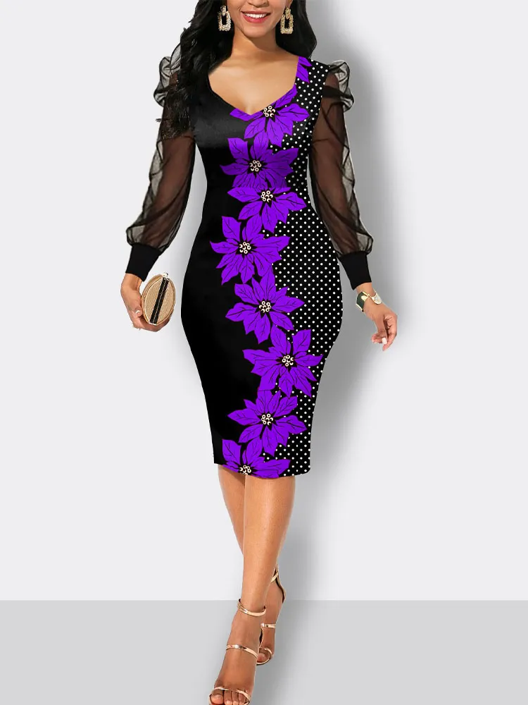 Elegant Party Dresses for Women 2023 Summer Black Printed V-neck Long Sleeved Pencil Skirt Woman's Formal Occasion Evening Dress - Image 2