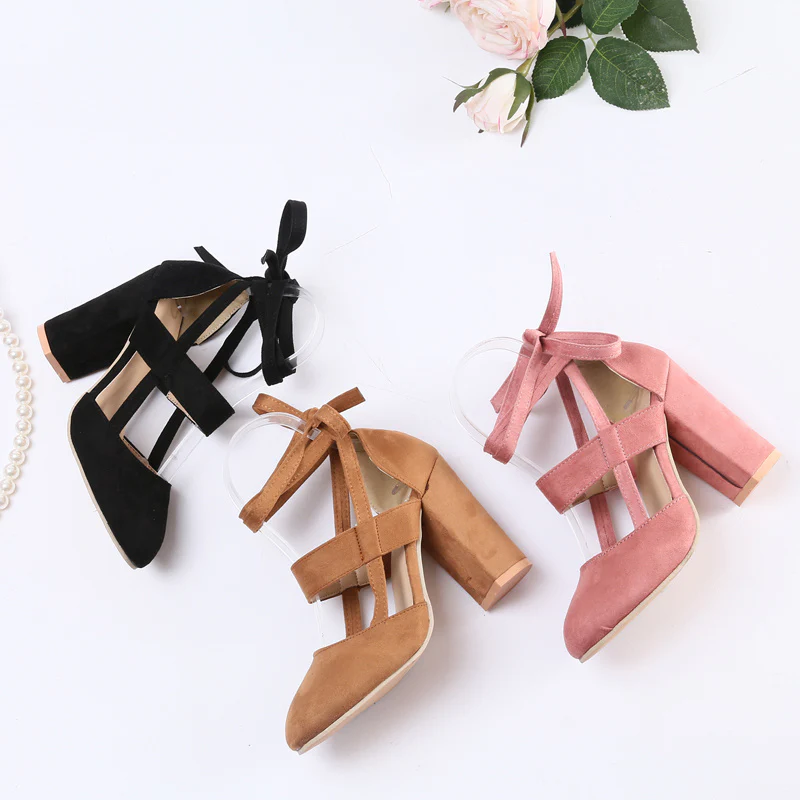[Elegant Sandals] Elegant High Heel Sandals | Women's - Solid Color Fabric Upper, Round Toe, Lace-Up Ankle Strap, Block Heel, Rubber Sole, Man-Made Insole & Inner Material - Image 10