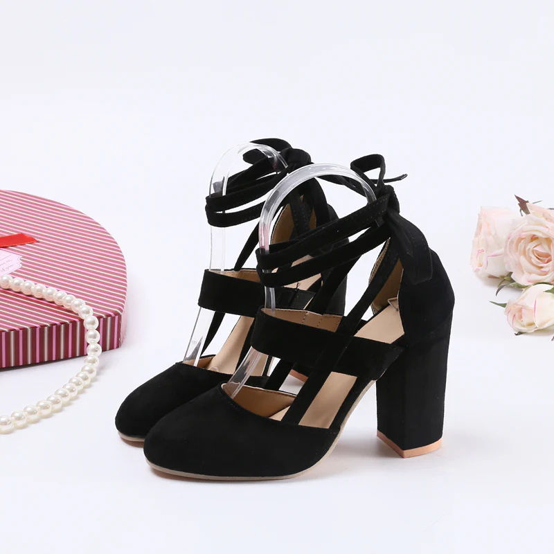 [Elegant Sandals] Elegant High Heel Sandals | Women's - Solid Color Fabric Upper, Round Toe, Lace-Up Ankle Strap, Block Heel, Rubber Sole, Man-Made Insole & Inner Material - Image 14