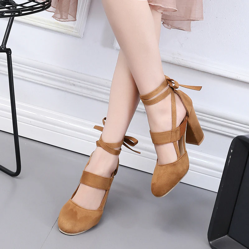 [Elegant Sandals] Elegant High Heel Sandals | Women's - Solid Color Fabric Upper, Round Toe, Lace-Up Ankle Strap, Block Heel, Rubber Sole, Man-Made Insole & Inner Material - Image 15