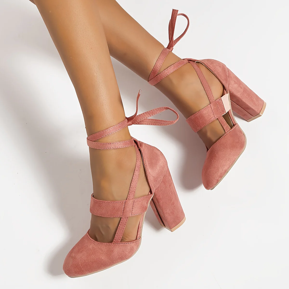 [Elegant Sandals] Elegant High Heel Sandals | Women's - Solid Color Fabric Upper, Round Toe, Lace-Up Ankle Strap, Block Heel, Rubber Sole, Man-Made Insole & Inner Material - Image 2