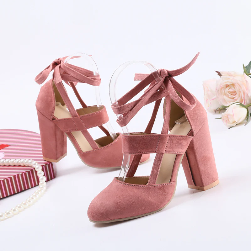 [Elegant Sandals] Elegant High Heel Sandals | Women's - Solid Color Fabric Upper, Round Toe, Lace-Up Ankle Strap, Block Heel, Rubber Sole, Man-Made Insole & Inner Material - Image 20