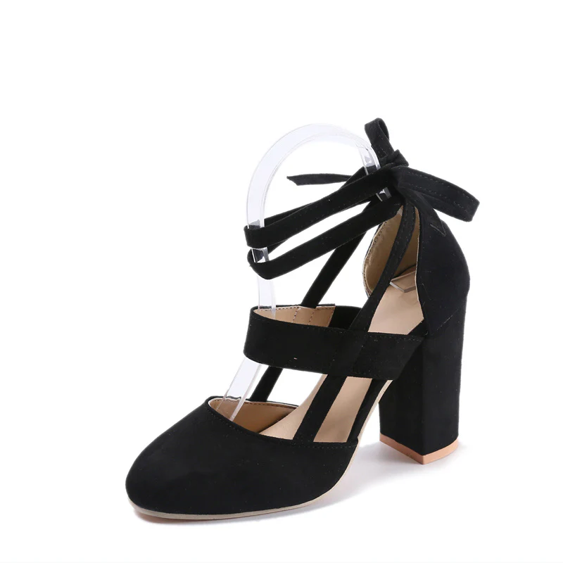[Elegant Sandals] Elegant High Heel Sandals | Women's - Solid Color Fabric Upper, Round Toe, Lace-Up Ankle Strap, Block Heel, Rubber Sole, Man-Made Insole & Inner Material - Image 29