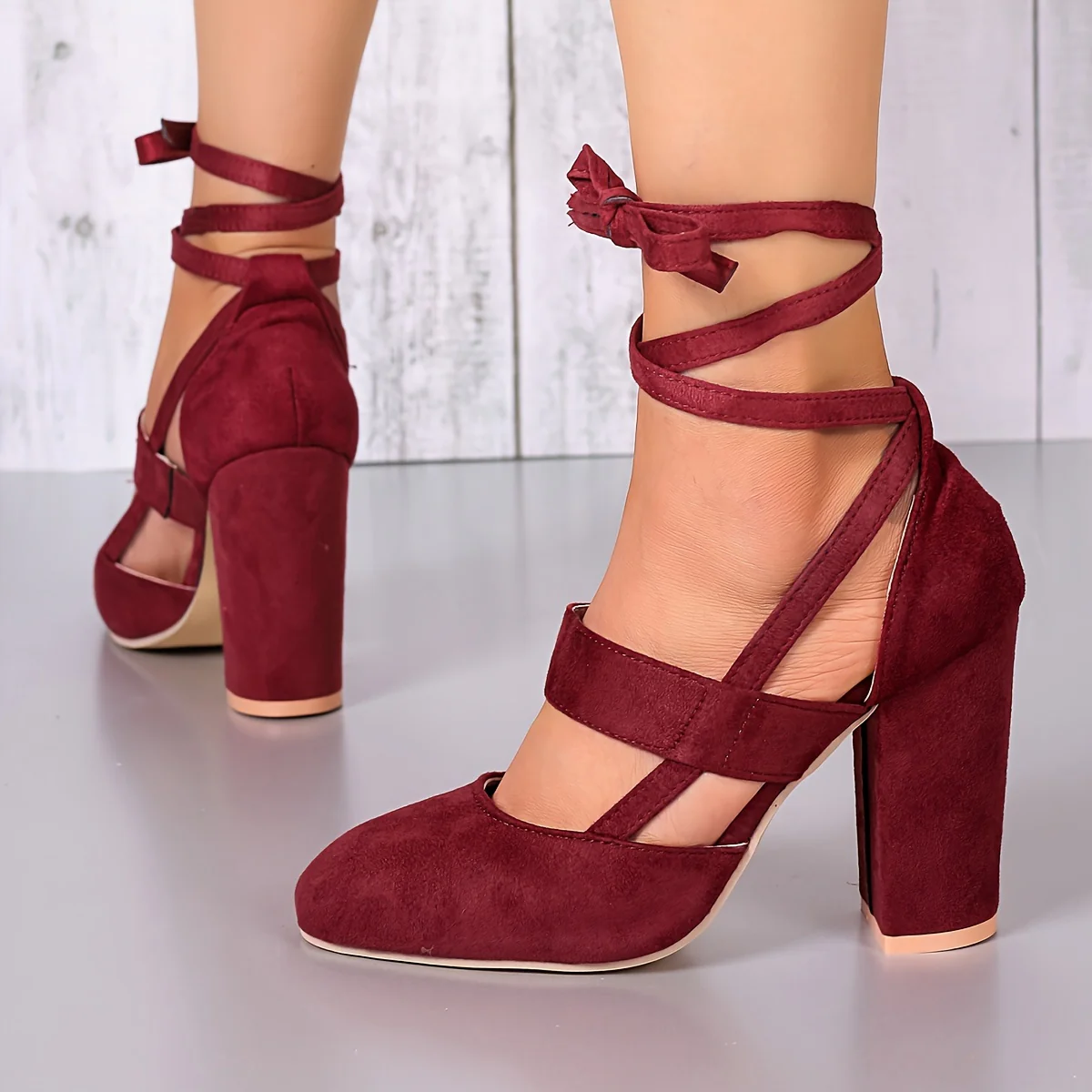 [Elegant Sandals] Elegant High Heel Sandals | Women's - Solid Color Fabric Upper, Round Toe, Lace-Up Ankle Strap, Block Heel, Rubber Sole, Man-Made Insole & Inner Material - Image 41