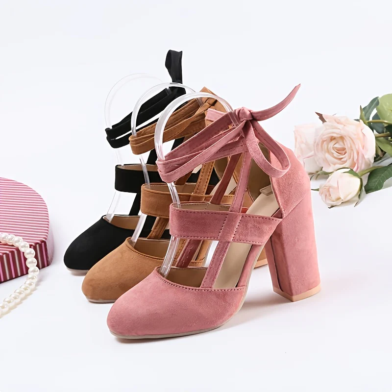 [Elegant Sandals] Elegant High Heel Sandals | Women's - Solid Color Fabric Upper, Round Toe, Lace-Up Ankle Strap, Block Heel, Rubber Sole, Man-Made Insole & Inner Material - Image 5