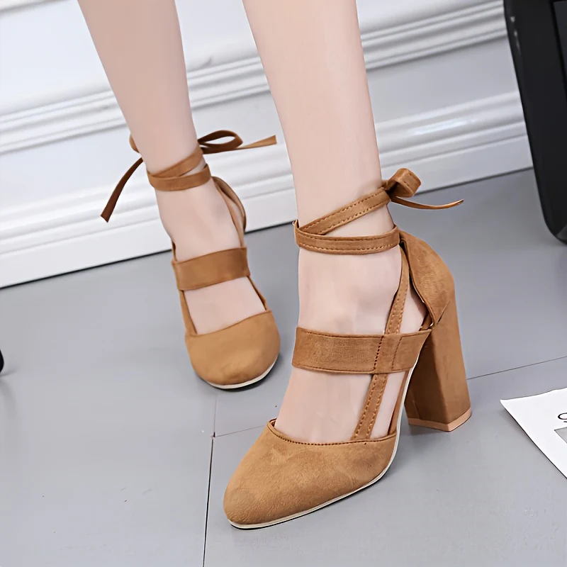 [Elegant Sandals] Elegant High Heel Sandals | Women's - Solid Color Fabric Upper, Round Toe, Lace-Up Ankle Strap, Block Heel, Rubber Sole, Man-Made Insole & Inner Material - Image 7