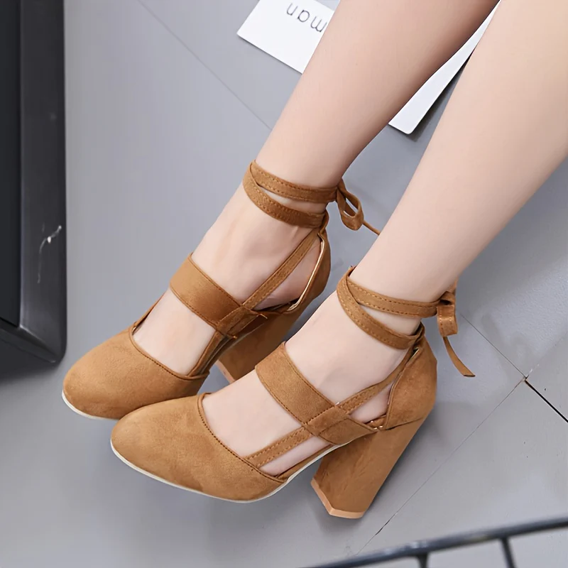 [Elegant Sandals] Elegant High Heel Sandals | Women's - Solid Color Fabric Upper, Round Toe, Lace-Up Ankle Strap, Block Heel, Rubber Sole, Man-Made Insole & Inner Material - Image 8