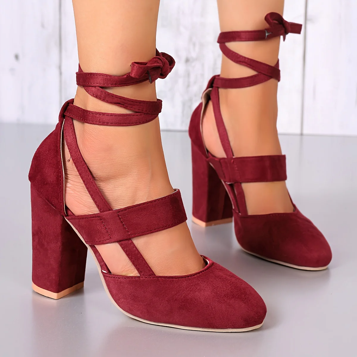[Elegant Sandals] Elegant High Heel Sandals | Women's - Solid Color Fabric Upper, Round Toe, Lace-Up Ankle Strap, Block Heel, Rubber Sole, Man-Made Insole & Inner Material - Image 9