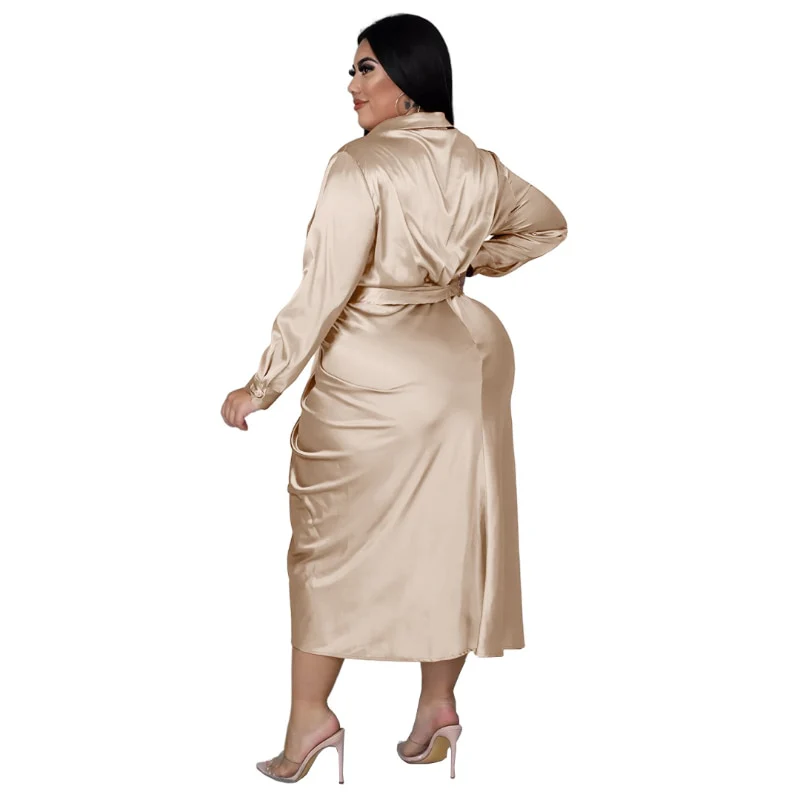 Elegant Satin Plus Size Women Shirt Dress Sexy Ruched Long Sleeve Lace Up Evening Party Midi Drerss Vestido Africano Feminino - Image 6