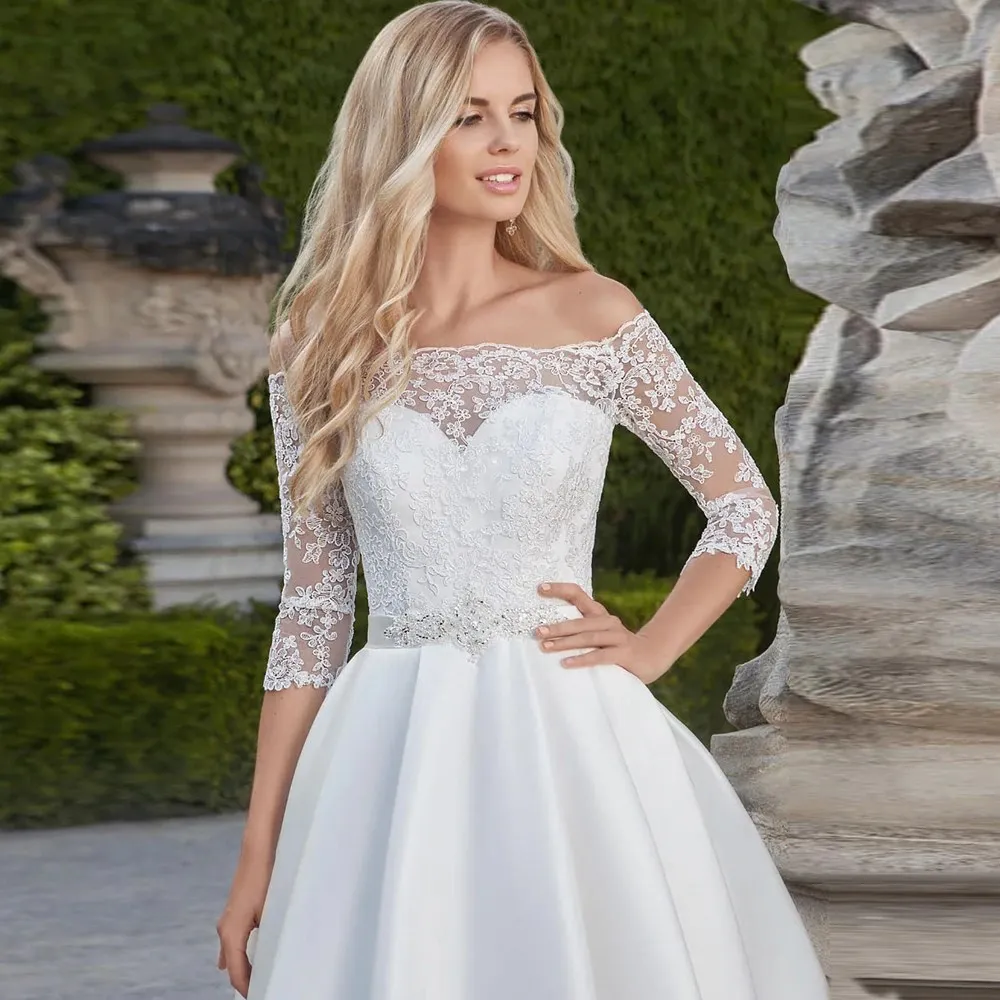 Elegant Short Wedding Dress Boat Neck Half Sleeve Lace A-Line Knee-Length Satin Bridal Gown Vestido De Noiva - Image 2