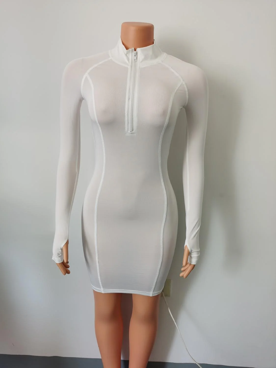 Elegant Solid Bodycon Women Dress Sexy Zipper Long Sleeve Mini Women Dress Striped White Tight Club Party Dress 2020 Clothing - Image 12