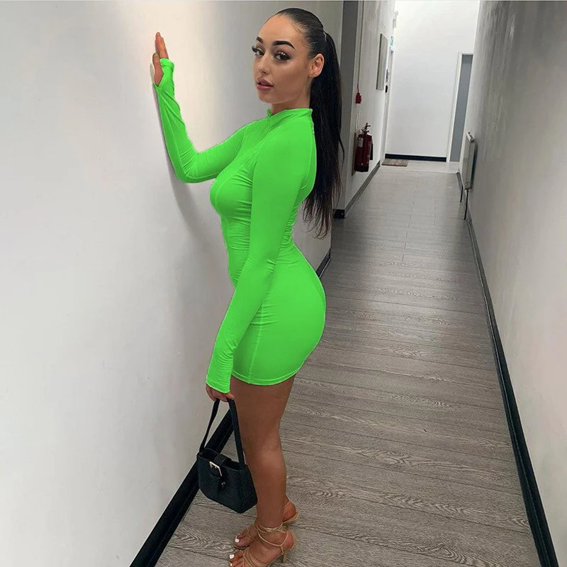 Elegant Solid Bodycon Women Dress Sexy Zipper Long Sleeve Mini Women Dress Striped White Tight Club Party Dress 2020 Clothing - Image 8