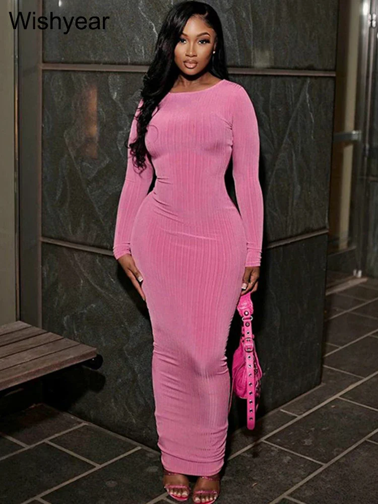 Elegant Solid Knitting Ribbed Evening Dresses For Women Clothes 2023 Long Sleeve O Neck Office Maxi Dress Club Female Birthday - Image 10