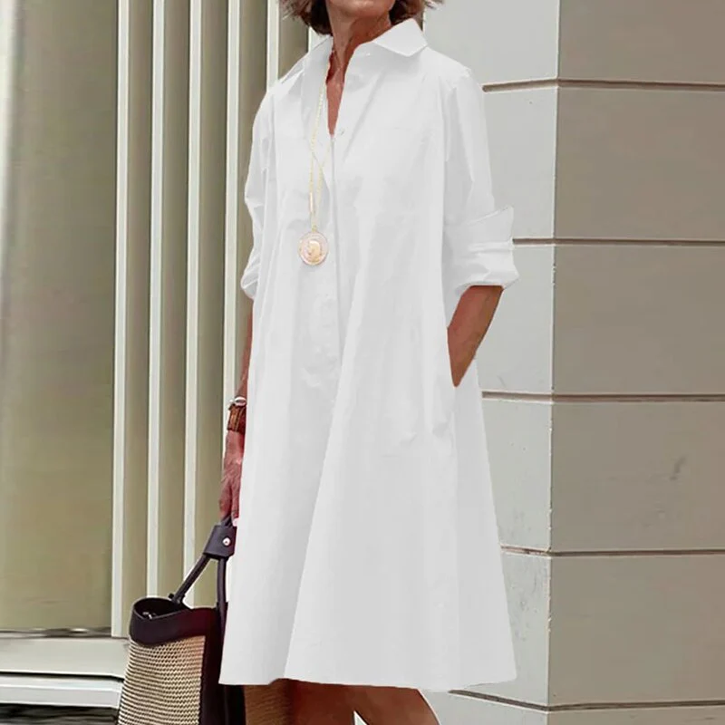 Elegant Solid Shirt Dress Women 2023 Turn Down Collar Long Sleeve Midi Dresses Spring Ladies Commute Casual Loose Pocket Blouses - Image 17