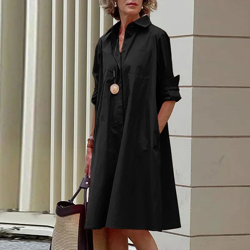 Elegant Solid Shirt Dress Women 2023 Turn Down Collar Long Sleeve Midi Dresses Spring Ladies Commute Casual Loose Pocket Blouses - Image 3