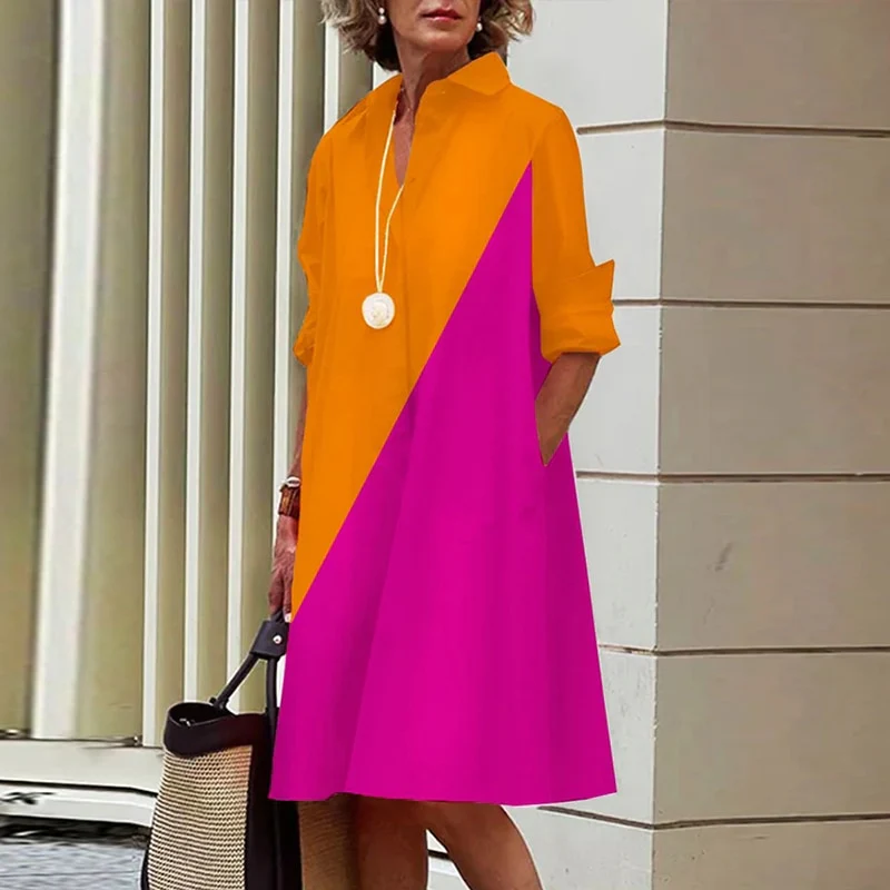 Elegant Solid Shirt Dress Women 2023 Turn Down Collar Long Sleeve Midi Dresses Spring Ladies Commute Casual Loose Pocket Blouses - Image 4