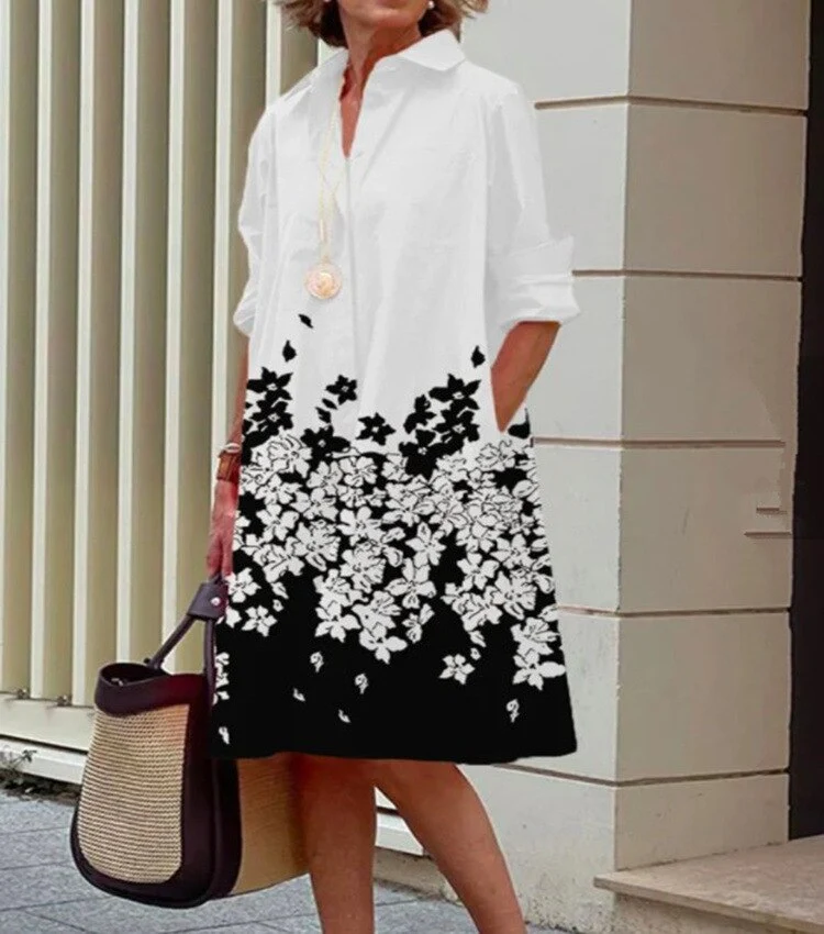 Elegant Solid Shirt Dress Women 2023 Turn Down Collar Long Sleeve Midi Dresses Spring Ladies Commute Casual Loose Pocket Blouses - Image 5