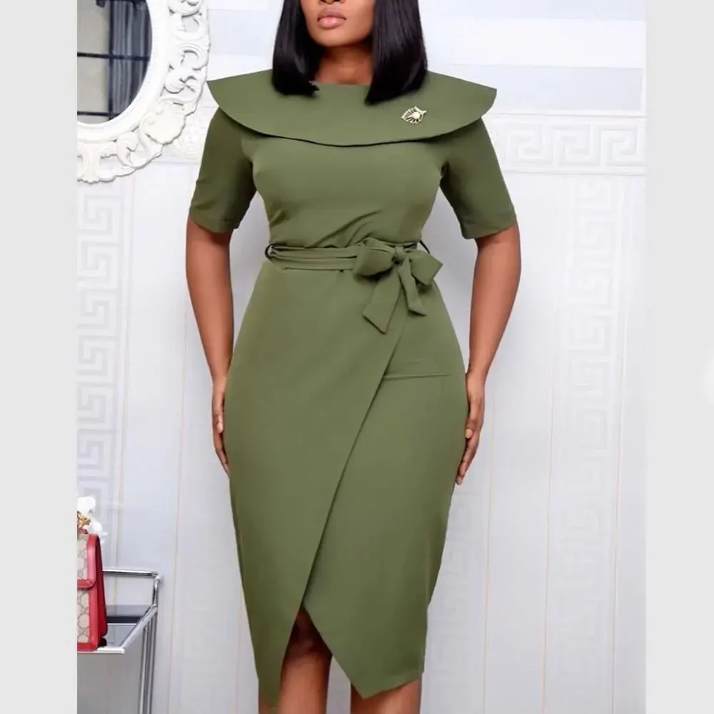 Elegant Summer Dresses Women Short Sleeve Plain Fashion Office Dresses For Office Lady Work Business Official Clothes Midi Dress - Image 9