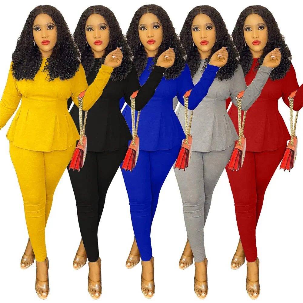Elegant Two Piece Set Women Outfits Autumn Winter Work Wear Peplum Ruffles Tops and Pants Suit Office Lady Bodycon Matching Sets - Image 4