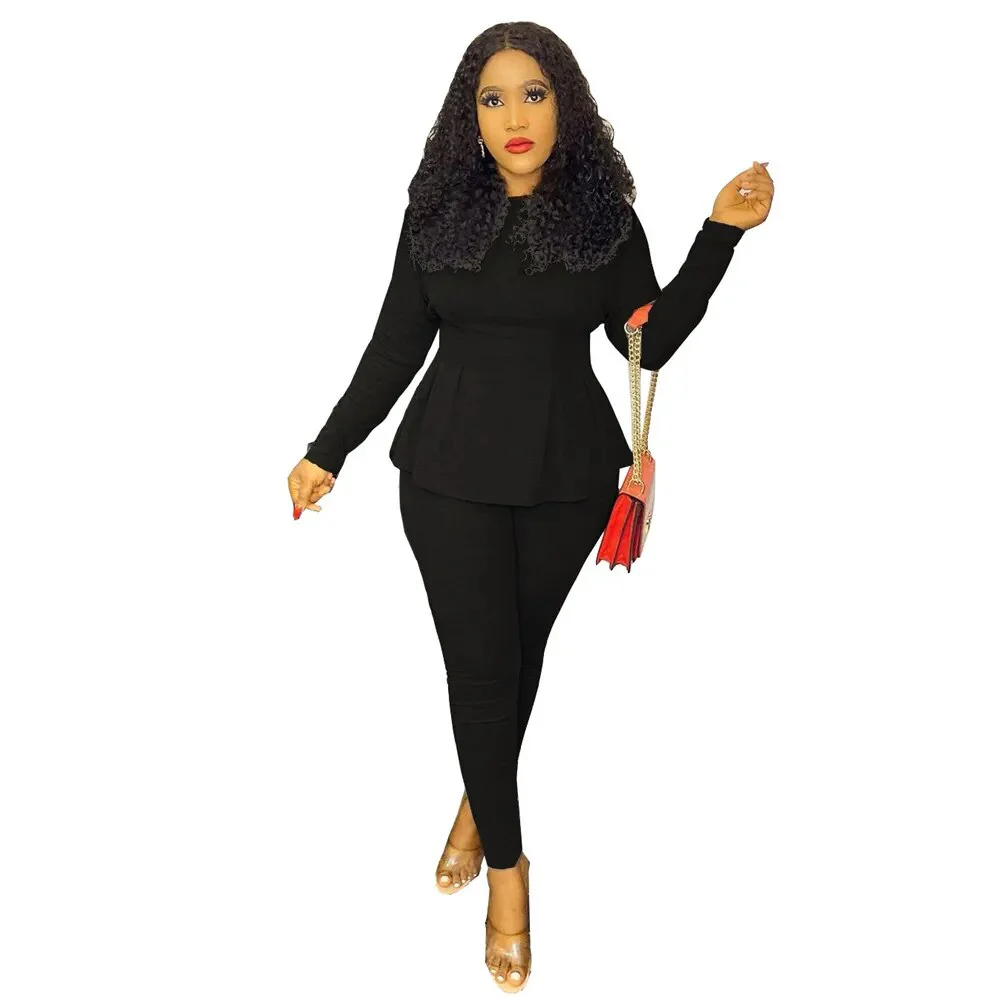 Elegant Two Piece Set Women Outfits Autumn Winter Work Wear Peplum Ruffles Tops and Pants Suit Office Lady Bodycon Matching Sets - Image 7
