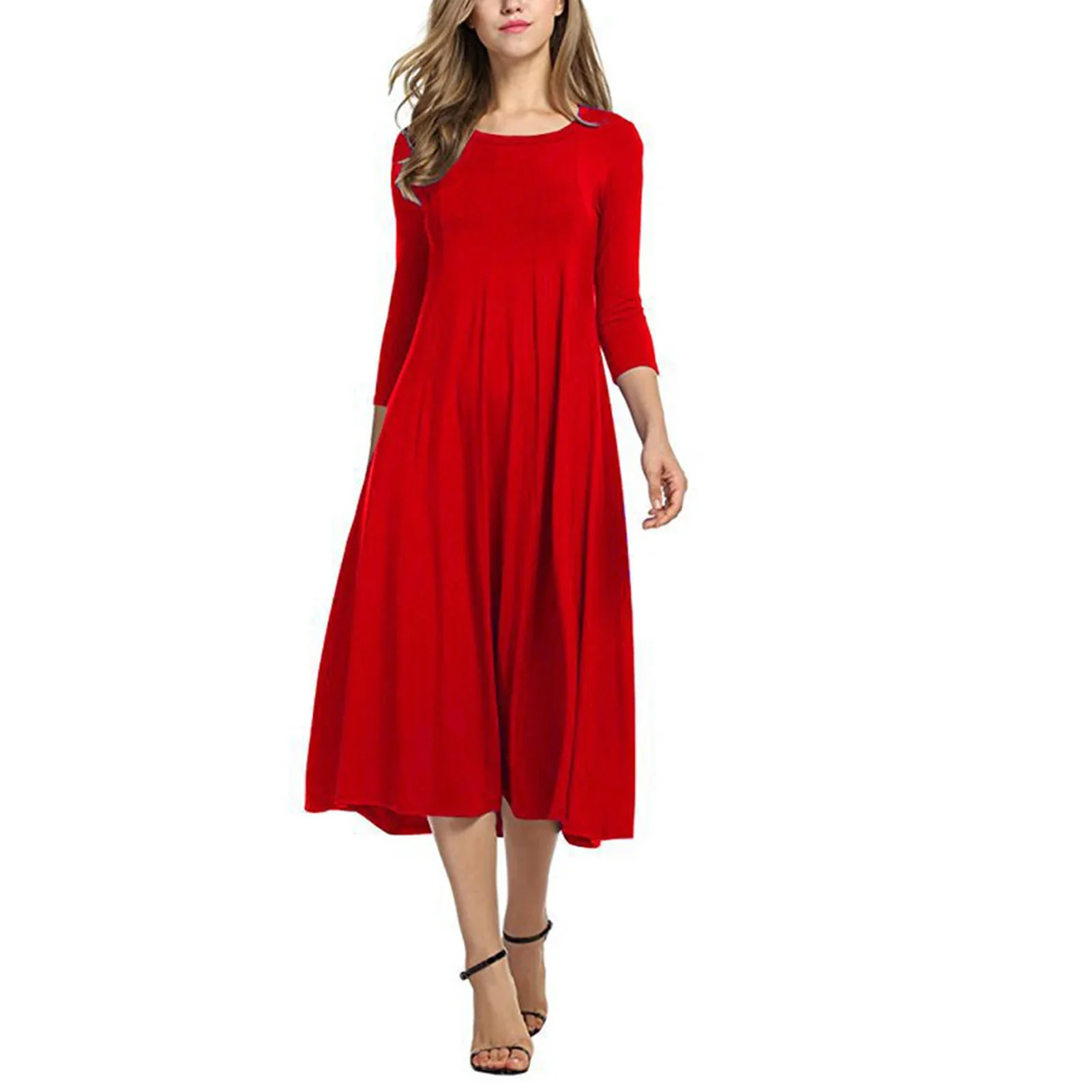 Elegant Under Knee Breathable Comfortable Party Causal Loose Peplum Women Dress Solid Round Collar 3/4 SLeeves Long Maxi Pleated - Image 5