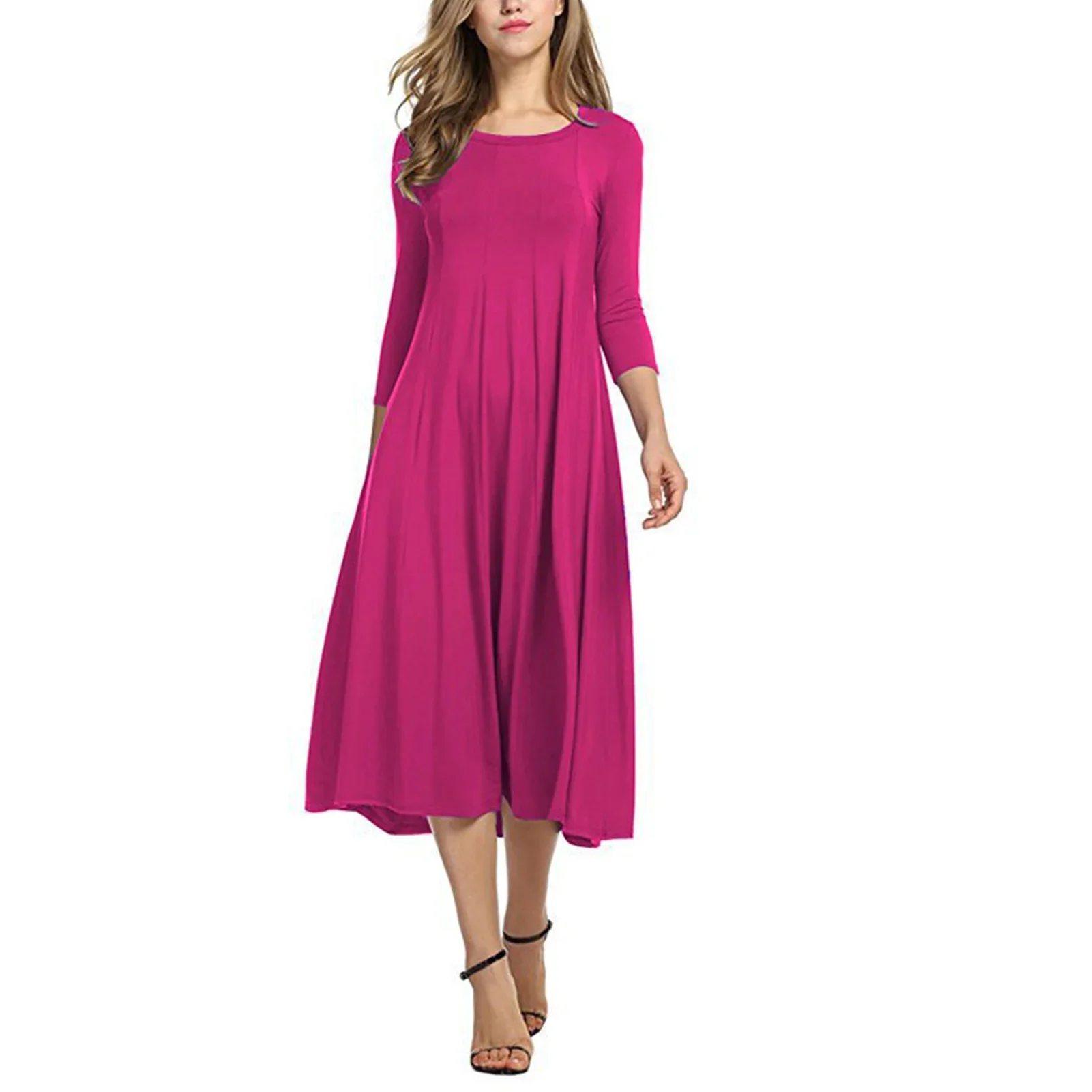 Elegant Under Knee Breathable Comfortable Party Causal Loose Peplum Women Dress Solid Round Collar 3/4 SLeeves Long Maxi Pleated - Image 7