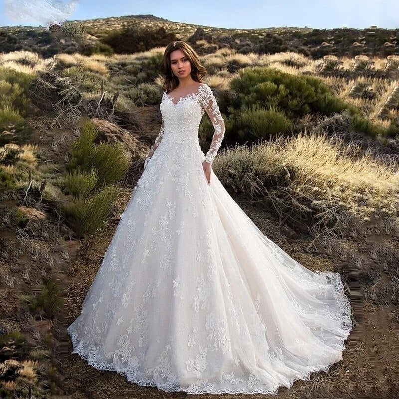 Elegant Wedding Dress Women Long Sleeve V Neck Lace Floor-Length Bride Clothing White Fashion Party Church Formal Wear Dresses
