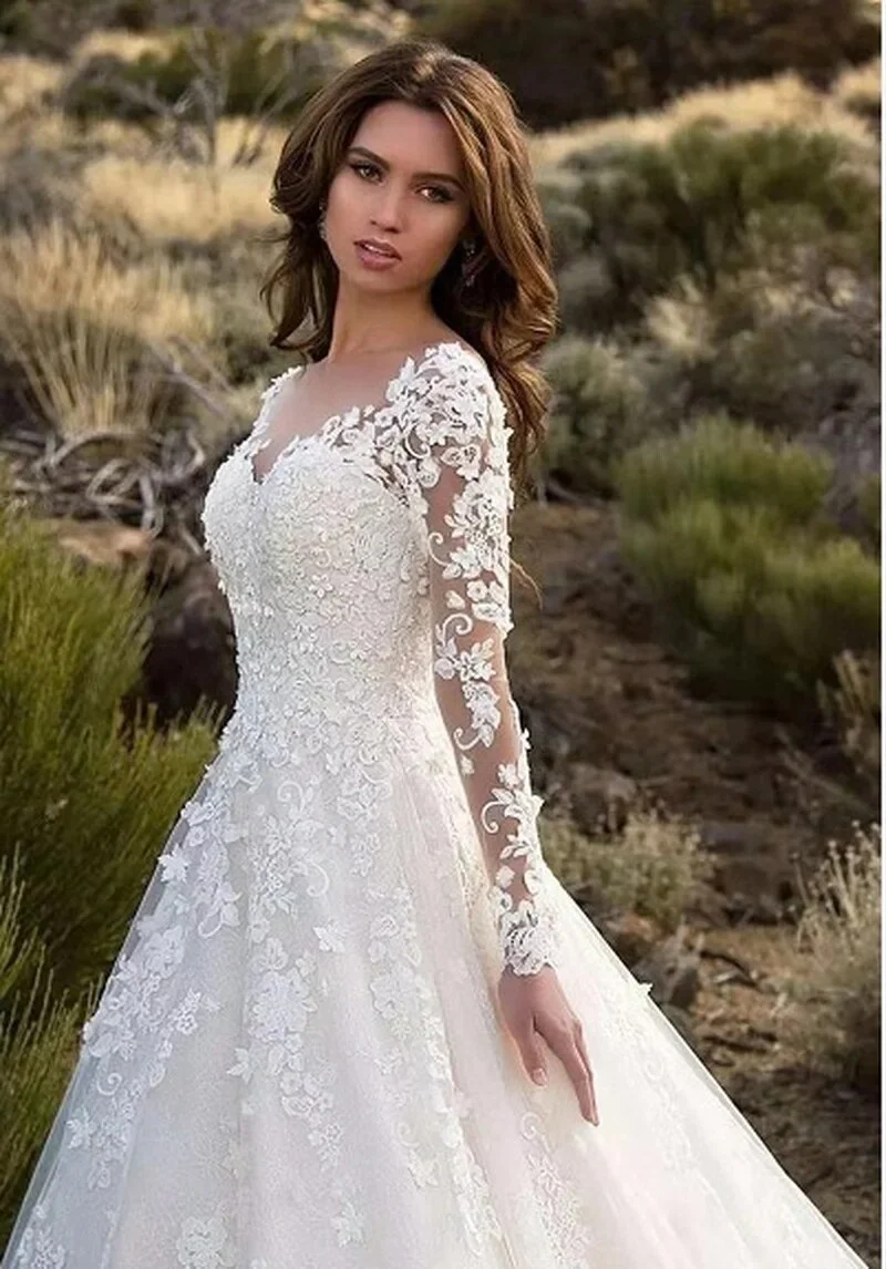 Elegant Wedding Dress Women Long Sleeve V Neck Lace Floor-Length Bride Clothing White Fashion Party Church Formal Wear Dresses - Image 2