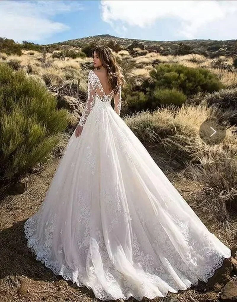 Elegant Wedding Dress Women Long Sleeve V Neck Lace Floor-Length Bride Clothing White Fashion Party Church Formal Wear Dresses - Image 3