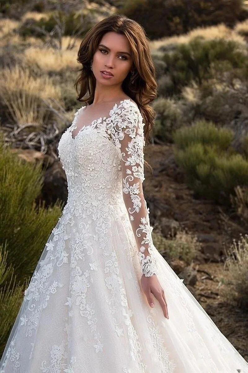 Elegant Wedding Dress Women Long Sleeve V Neck Lace Floor-Length Bride Clothing White Fashion Party Church Formal Wear Dresses - Image 5