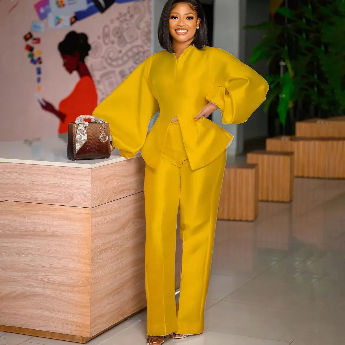 Elegant Women 2 Piece Set Solid Long Sleeve Top + High Waist Bodycon Pants Matching Set 2021 Autumn Workout Office Lady Outfits - Image 6