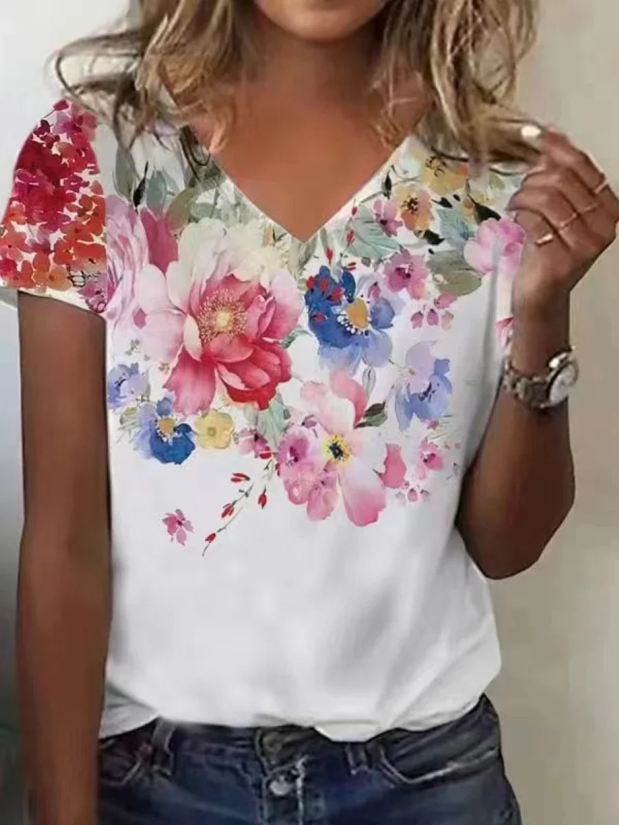 Elegant women t-shirt summer short-sleeved t-shirt women loose temperament printed top women - Image 3