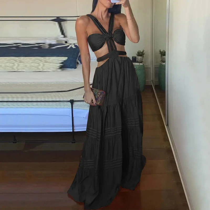 Ellafads Women Long Dresses Summer Fashion Sexy Strap Sleeveless Backless Hollow Out Pleated Solid Beach Party Dress Streetwear - Image 3
