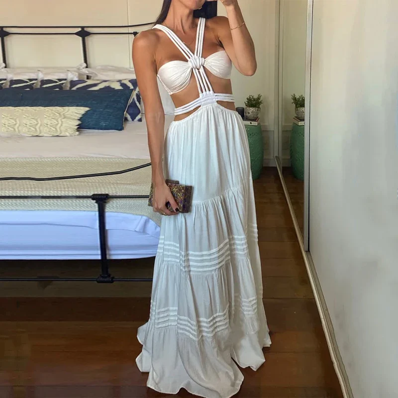 Ellafads Women Long Dresses Summer Fashion Sexy Strap Sleeveless Backless Hollow Out Pleated Solid Beach Party Dress Streetwear - Image 4