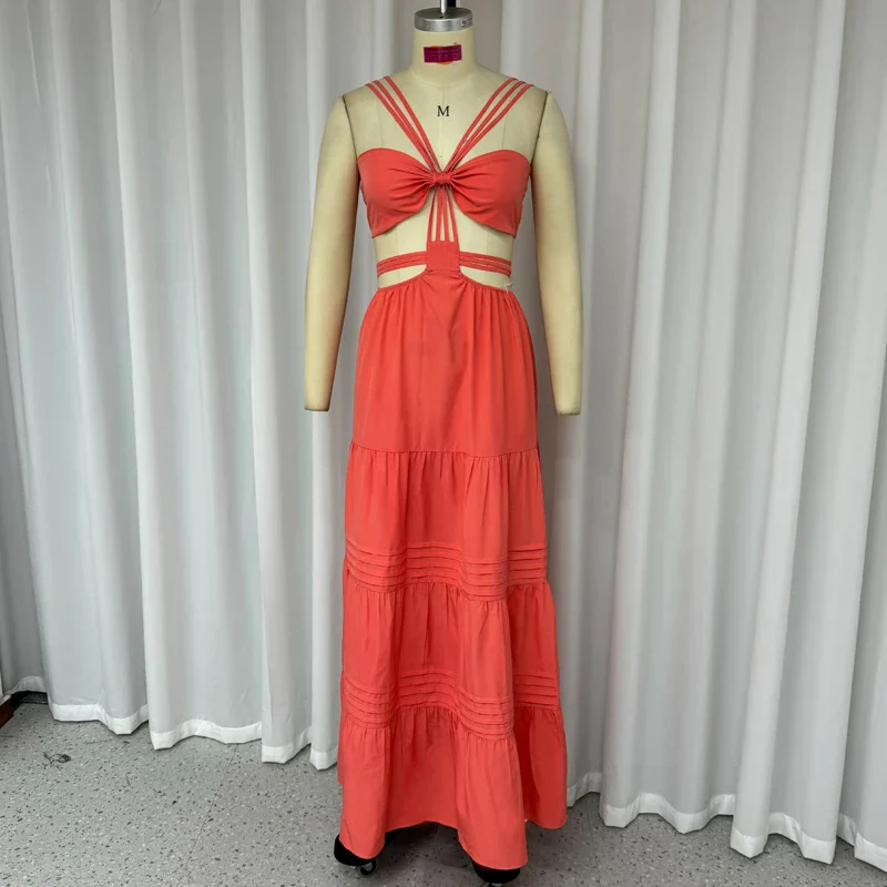 Ellafads Women Long Dresses Summer Fashion Sexy Strap Sleeveless Backless Hollow Out Pleated Solid Beach Party Dress Streetwear - Image 5