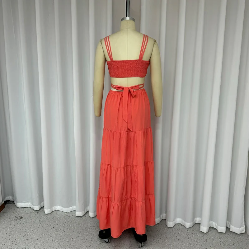 Ellafads Women Long Dresses Summer Fashion Sexy Strap Sleeveless Backless Hollow Out Pleated Solid Beach Party Dress Streetwear - Image 6