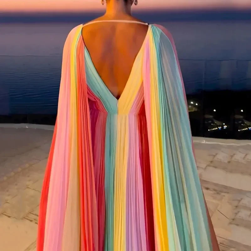Ellafads Women Maxi Dress Summer Elegant Chiffion V Neck Backless Pleated Colorful Print Nipped Waist Shawl Evening Party Dress - Image 3