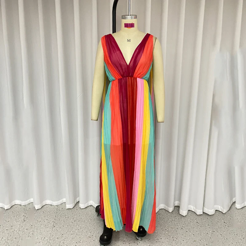 Ellafads Women Maxi Dress Summer Elegant Chiffion V Neck Backless Pleated Colorful Print Nipped Waist Shawl Evening Party Dress - Image 4