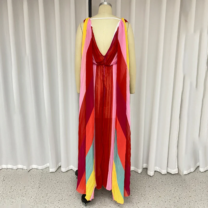 Ellafads Women Maxi Dress Summer Elegant Chiffion V Neck Backless Pleated Colorful Print Nipped Waist Shawl Evening Party Dress - Image 5
