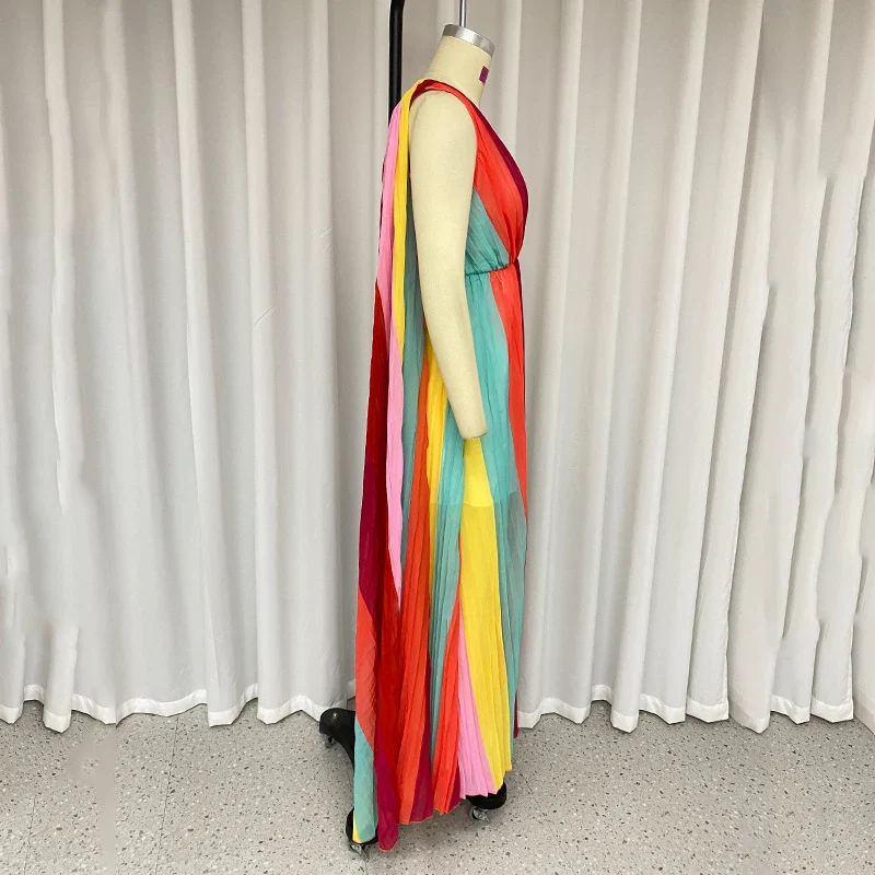 Ellafads Women Maxi Dress Summer Elegant Chiffion V Neck Backless Pleated Colorful Print Nipped Waist Shawl Evening Party Dress - Image 6